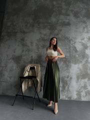 pliseli deri görünümlü uzun etek asm450 haki