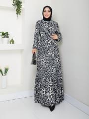 leopar desenli kuşaklı yazlık elbise asm230 gri