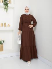 beli tünelli yazlık elbise asm1034 kahve 2