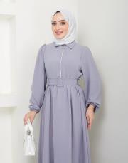 beli̇ kemerli yazlık elbi̇se asm232 gri 5