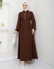 beli̇ kemerli yazlık elbi̇se asm232 kahve