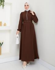 beli̇ kemerli yazlık elbi̇se asm232 kahve 2