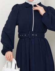 beli̇ kemerli yazlık elbi̇se asm232 lacivert 3