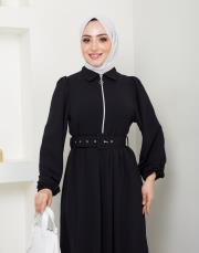 beli̇ kemerli yazlık elbi̇se asm232 siyah 4