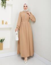beli̇ kemerli yazlık elbi̇se asm232 bej