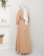 beli̇ kemerli yazlık elbi̇se asm232 bej 3