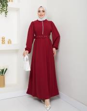beli̇ kemerli yazlık elbi̇se asm232 bordo