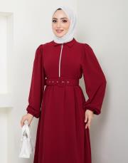 beli̇ kemerli yazlık elbi̇se asm232 bordo 2