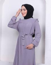 omuz detaylı piliseli yazlık elbise asm242 gri 3