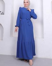 omuz detaylı piliseli yazlık elbise asm242 indigo