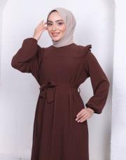 omuz detaylı piliseli yazlık elbise asm242 kahve 4