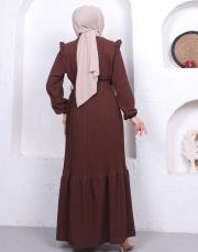 omuz detaylı piliseli yazlık elbise asm242 kahve 5