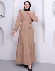 omuz detaylı piliseli yazlık elbise asm242 bej