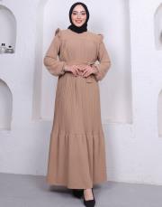 omuz detaylı piliseli yazlık elbise asm242 bej 2