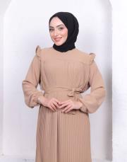 omuz detaylı piliseli yazlık elbise asm242 bej 4