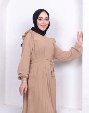 omuz detaylı piliseli yazlık elbise asm242 bej 6