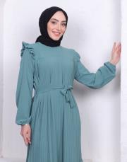 omuz detaylı piliseli yazlık elbise asm242 su yeşili 2