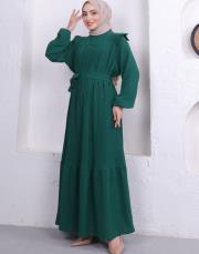 omuz detaylı piliseli yazlık elbise asm242 zümrüt