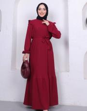 omuz detaylı piliseli yazlık elbise asm242 bordo