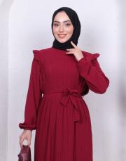 omuz detaylı piliseli yazlık elbise asm242 bordo 3