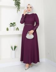 krep kol detaylı yazlık elbise asm174 mor 2