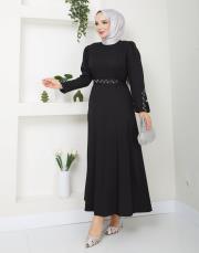 krep kol detaylı yazlık elbise asm174 siyah