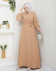yaka detaylı elbise asm244 bej 4