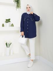 cep ve manşet detaylı zincirli yazlık tunik asm2068 lacivert