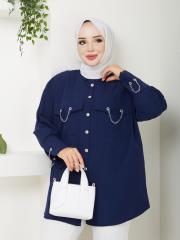 cep ve manşet detaylı zincirli yazlık tunik asm2068 lacivert 5