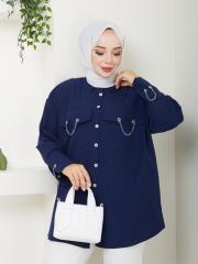cep ve manşet detaylı zincirli yazlık tunik asm2068 lacivert 6